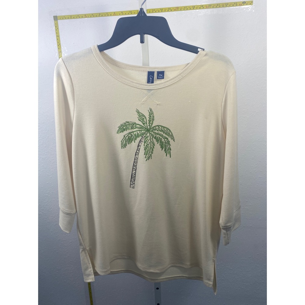 Casey & Max Cream Rhinestone Palm Tree Top PM Petite Medium 3/4 Sleeve Tropical
